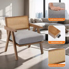 Fauteuil d'appoint de ferme du milieu du siècle - Fauteuil en bois avec dossier en rotin et coussin en lin pour salon, chambre