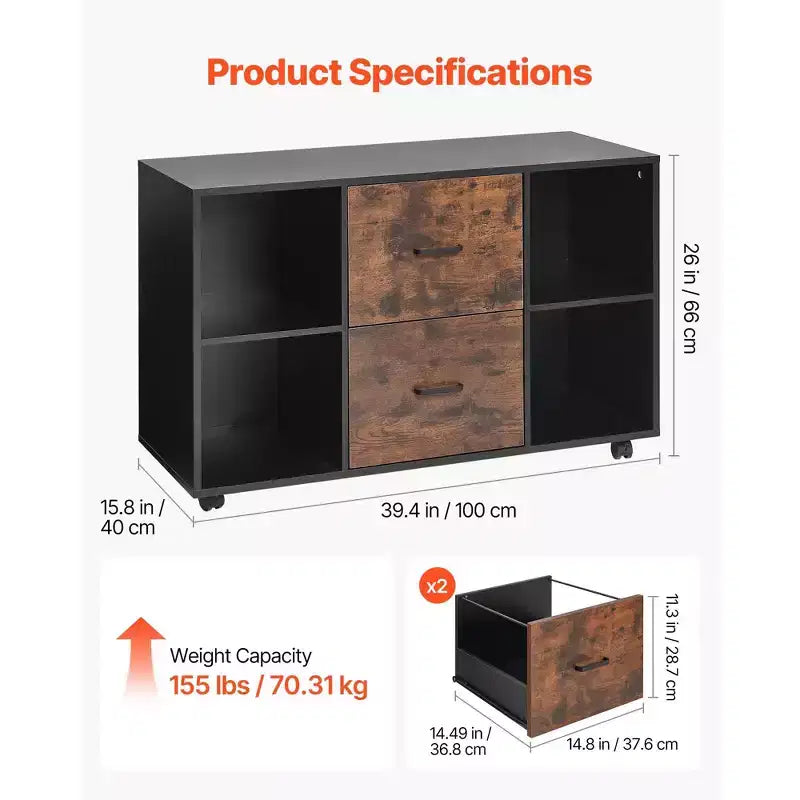 Meuble Classeur en Bois à 2 Tiroirs VEVOR, Classeur Mobile avec Étagères Ouvertes, Rangement de Dossiers Latéral à Roulettes, Noir