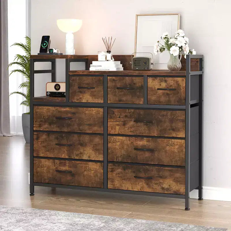 COZONY Commode de rangement à 9 tiroirs de 86,4 cm de haut et meuble TV, Tour de rangement en tissu, Rangement à cadre en acier robuste pour le salon, utilisation dans les petits espaces