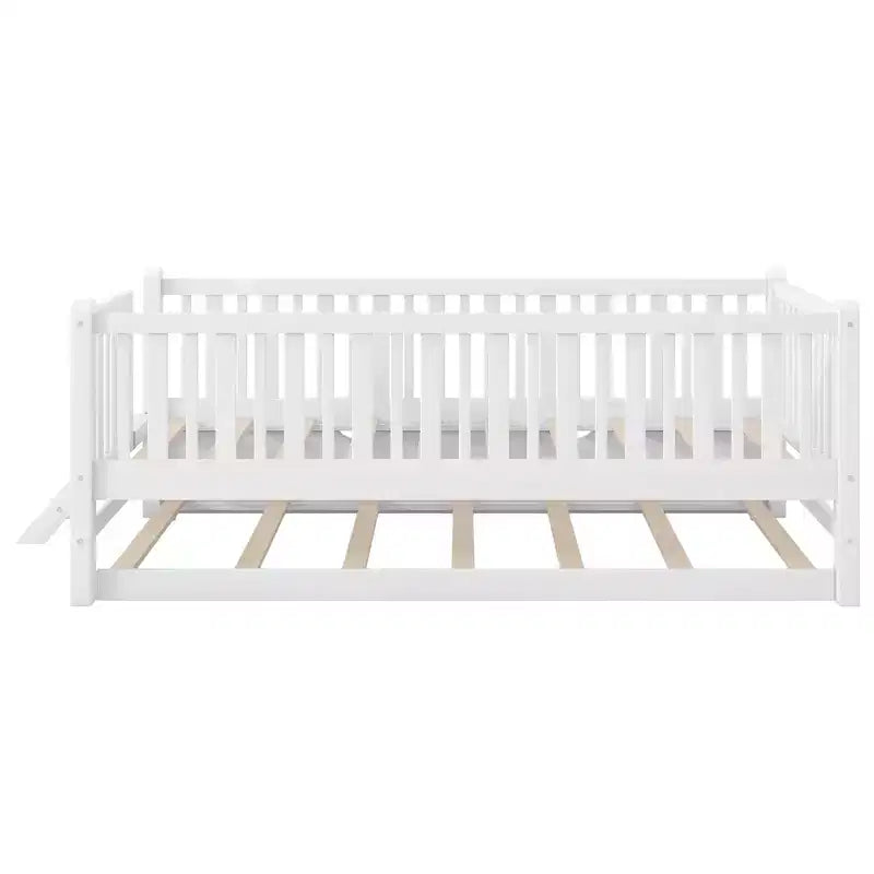 Cadre de lit double avec lit gigogne et garde-corps, lit plateforme bas avec escalier pour garçons et filles