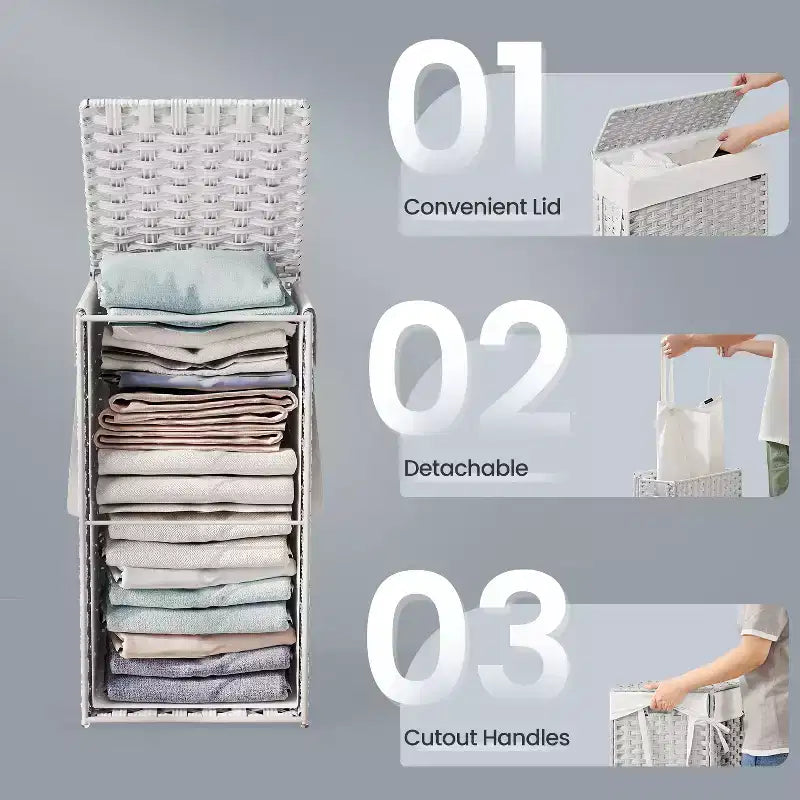 Panier à linge fin de 55 litres avec couvercle, en rotin, pliable, avec couvercle et poignées, doublure amovible