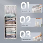 Panier à linge fin de 55 litres avec couvercle, en rotin, pliable, avec couvercle et poignées, doublure amovible
