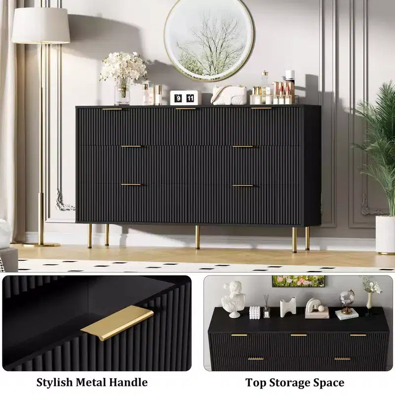 Commode moderne à 7 tiroirs cannelés avec poignées dorées, large commode de rangement en bois pour chambre à coucher, salon, entrée