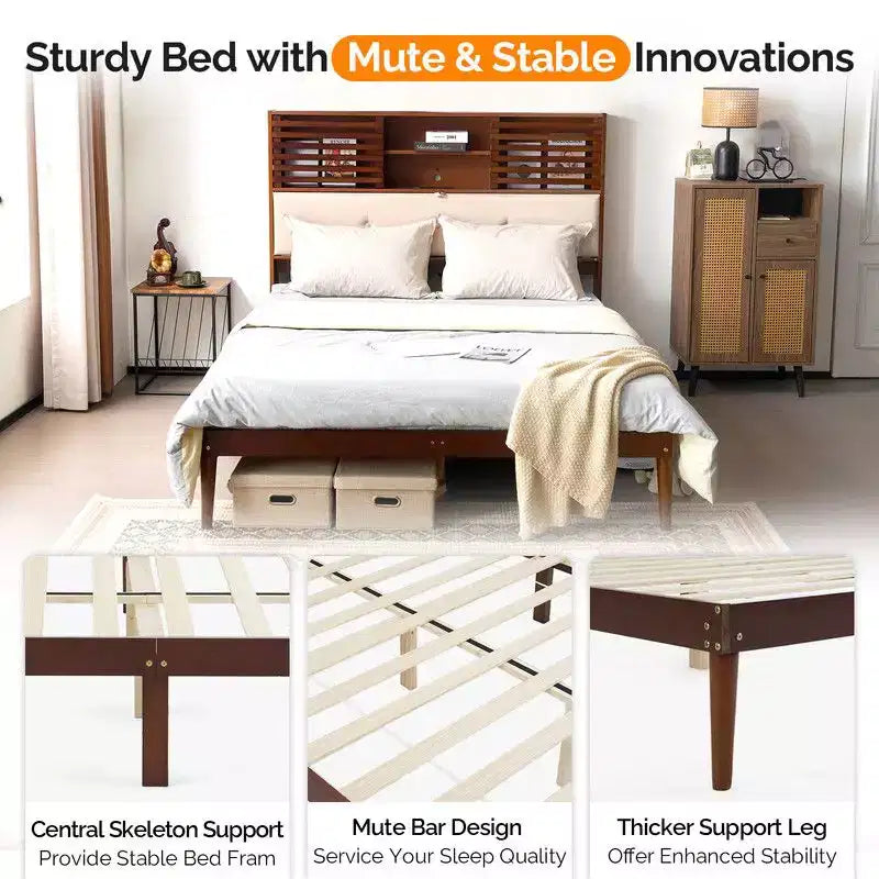Cadre de lit en bois brun de luxe Karl Home, taille double, plateforme avec tête de lit capitonnée à LED, station de recharge
