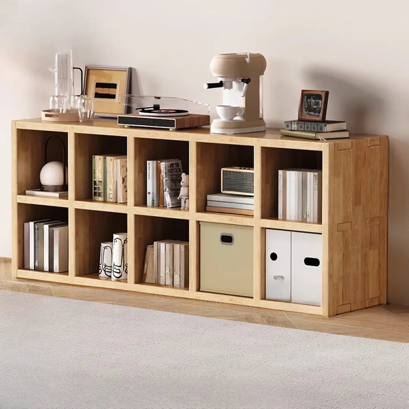 Bibliothèque moderne horizontale en bois à 8 cubes, finition naturelle