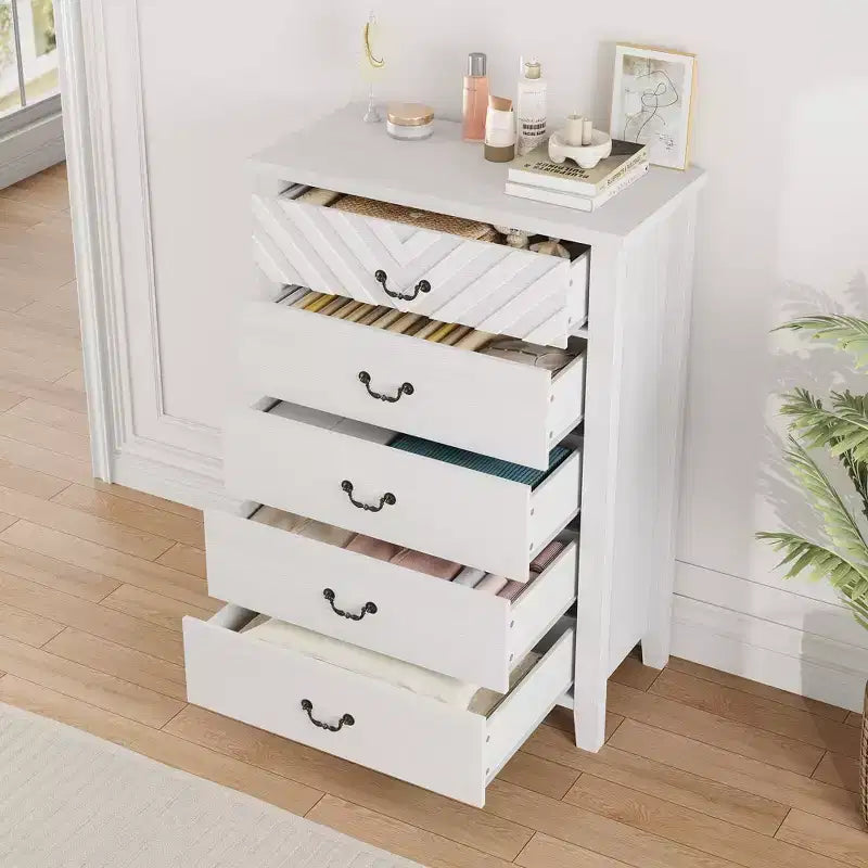 TROPOW Commode 5 tiroirs pour chambre à coucher, commode haute de 114,8 cm, tiroir vertical avec rangement autoportant, armoire de rangement en bois pour chambre à coucher