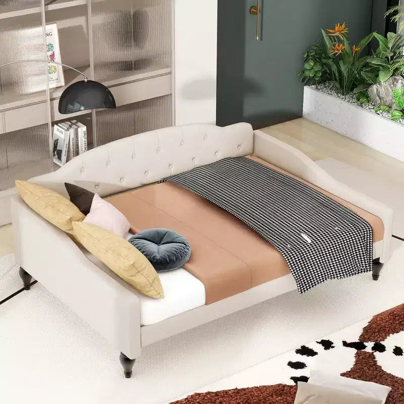 Lit de repos capitonné pleine taille, cadre de canapé-lit capitonné avec/sans tiroirs/lit gigogne double, beige - ModernLuxe