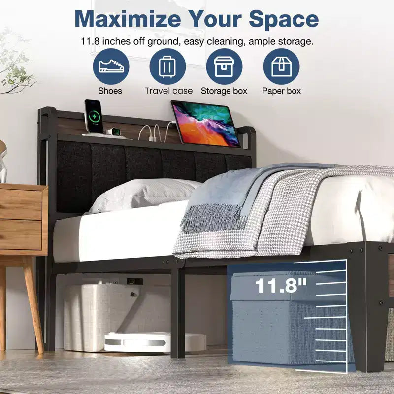 Lusimo Cadre de lit Twin XL, Lit plateforme rembourré avec tête de lit de rangement et station de charge