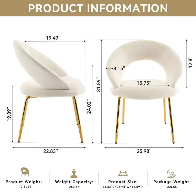 Lot de 1 chaises de salle à manger en velours avec dossier incurvé et pieds en métal doré pour la cuisine ou la salle à manger, blanc