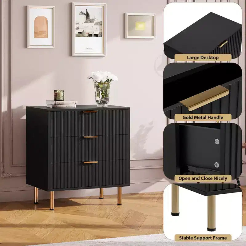 Commode à 3 tiroirs pour chambre à coucher, commode cannelée avec grands tiroirs et pieds dorés robustes, commodes et chiffonniers pour chambre à coucher, salon