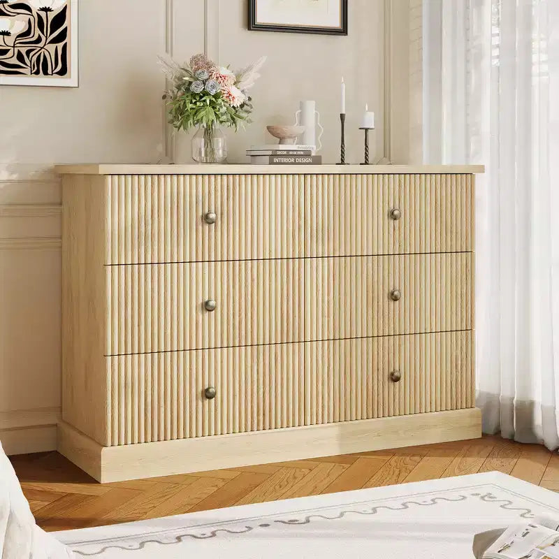 Commode à 6 tiroirs cannelés pour chambre à coucher, commode horizontale en bois avec poignées en métal, organiseur de rangement moderne pour chambre à coucher, salon