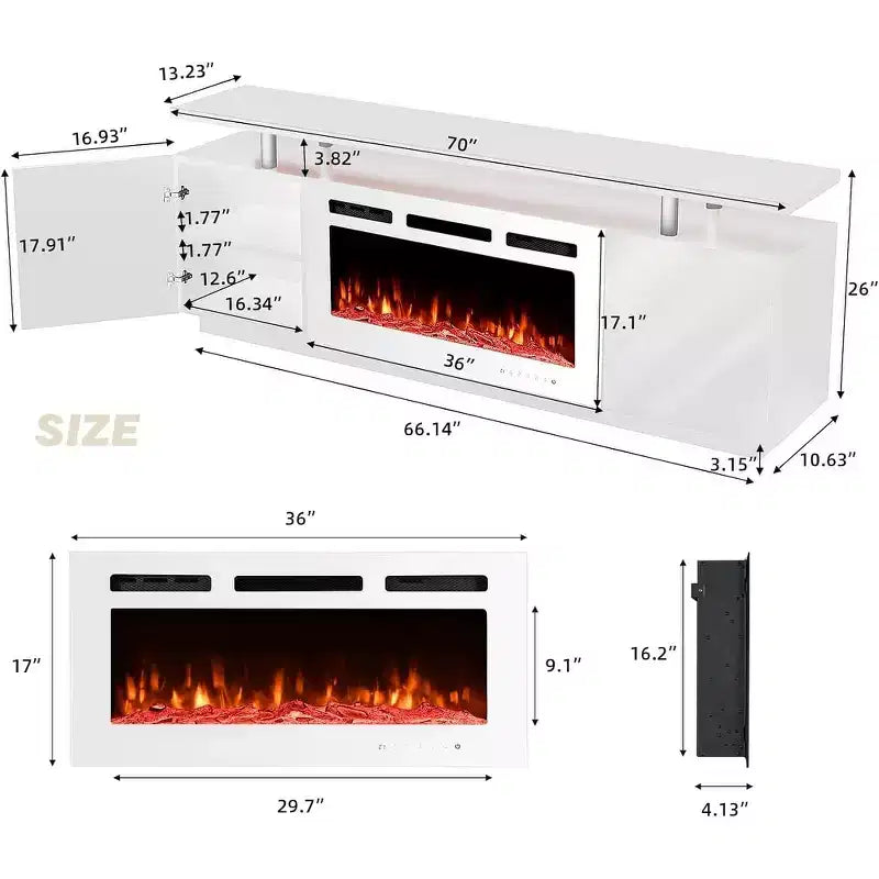 Meuble TV EROMMY 36'' avec cheminée électrique, centre de divertissement et console TV pour téléviseurs jusqu'à 80'', chauffage de cheminée moderne pour salon - Blanc
