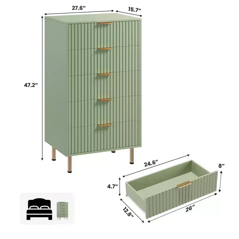 Commode moderne en bois de 122 cm de haut avec 5 tiroirs cannelés profonds et un large plateau pour chambre à coucher, salon, couloir, chambre d'enfant