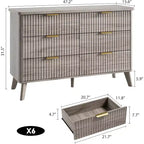 Commode 6 tiroirs pour chambre à coucher, commode de 120 cm de large avec profil incurvé, tiroirs en bois cannelé, commode moderne pour salon