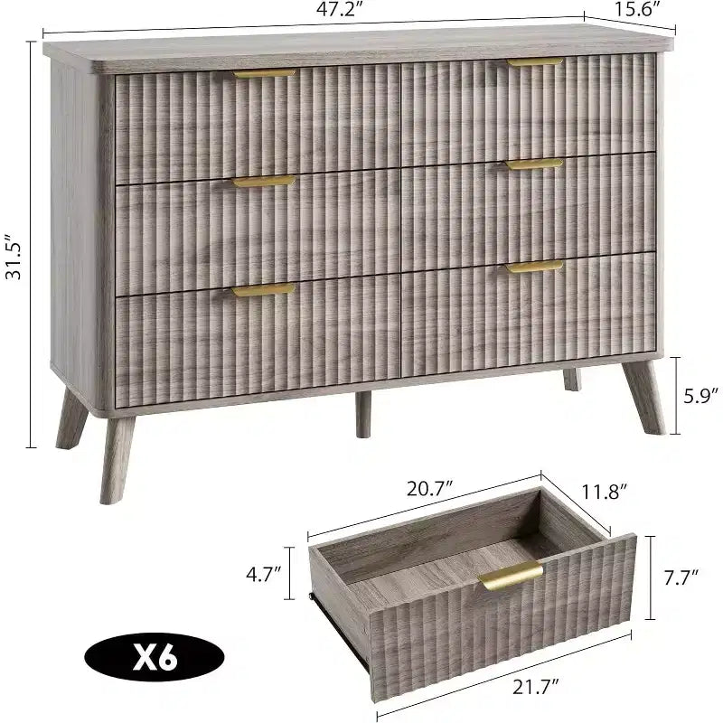 Commode 6 tiroirs pour chambre à coucher, commode de 120 cm de large avec profil incurvé, tiroirs en bois cannelé, commode moderne pour salon