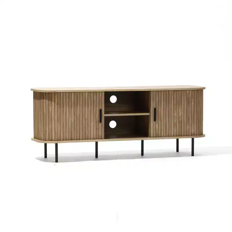 Meuble TV LuxenHome 55 po de style moderne du milieu du siècle avec porte coulissante pour téléviseurs jusqu'à 60 po, centre de divertissement avec rangement et étagères, marron