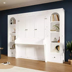 Lit escamotable Queen Size avec armoires latérales et éclairage LED, lit armoire pliant avec étagères de rangement et tiroirs pour chambre d'amis, blanc
