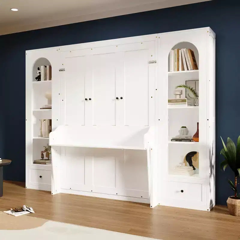Lit escamotable Queen Size avec armoires latérales et éclairage LED, lit armoire pliant avec étagères de rangement et tiroirs pour chambre d'amis, blanc