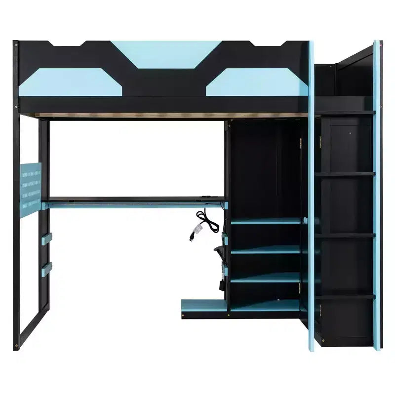 Lit mezzanine en bois pleine taille Luxystar avec bureau réglable, armoire, étagères et panneau perforé