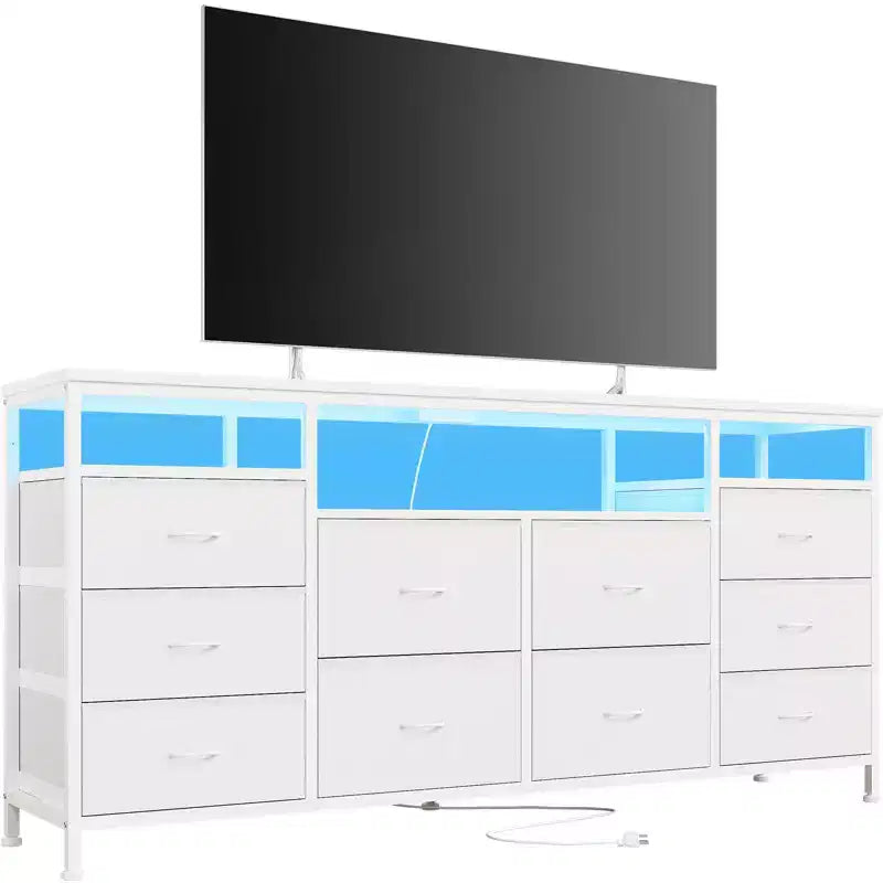 Commode noire de 160 cm pour chambre à coucher, commode à 10 tiroirs, meuble TV pour téléviseur de 65, 70, 75 pouces, commode en tissu avec lumières LED et prises de courant