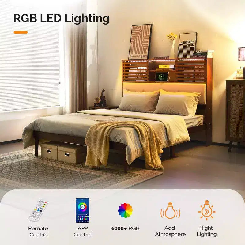 Cadre de lit en bois brun de luxe Karl Home, taille double, plateforme avec tête de lit capitonnée à LED, station de recharge