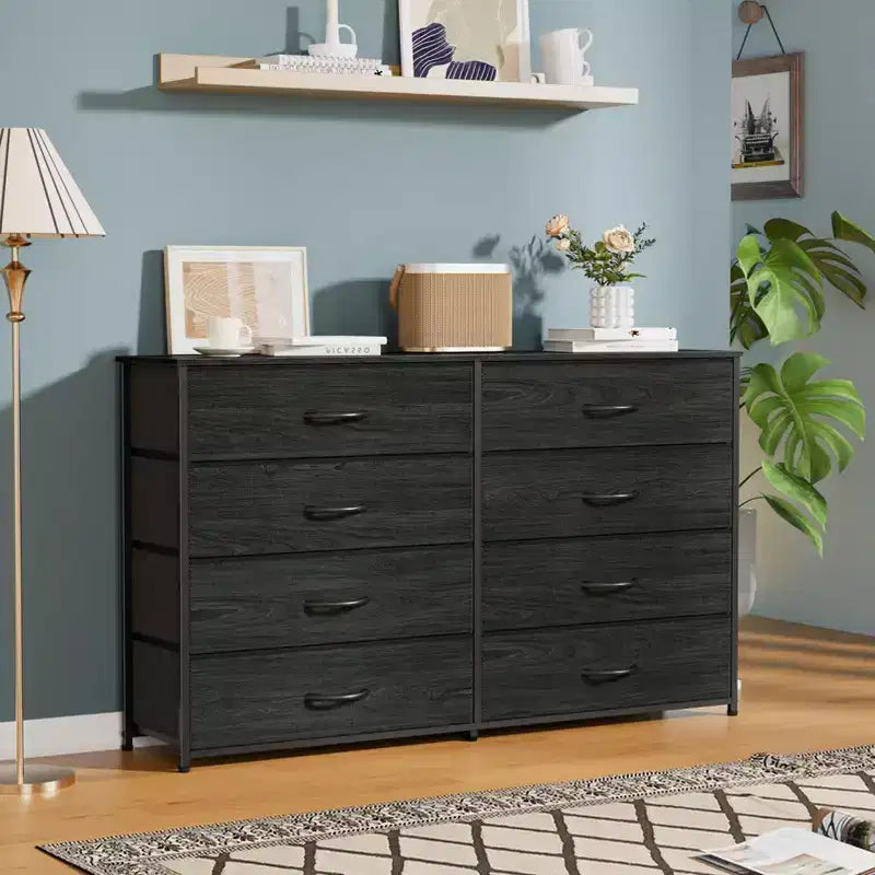Commode large en tissu pour chambre à coucher, avec 8 tiroirs de rangement, support TV de 140 cm, meuble TV, organisateur à plateau en bois, meuble de salon et de couloir.