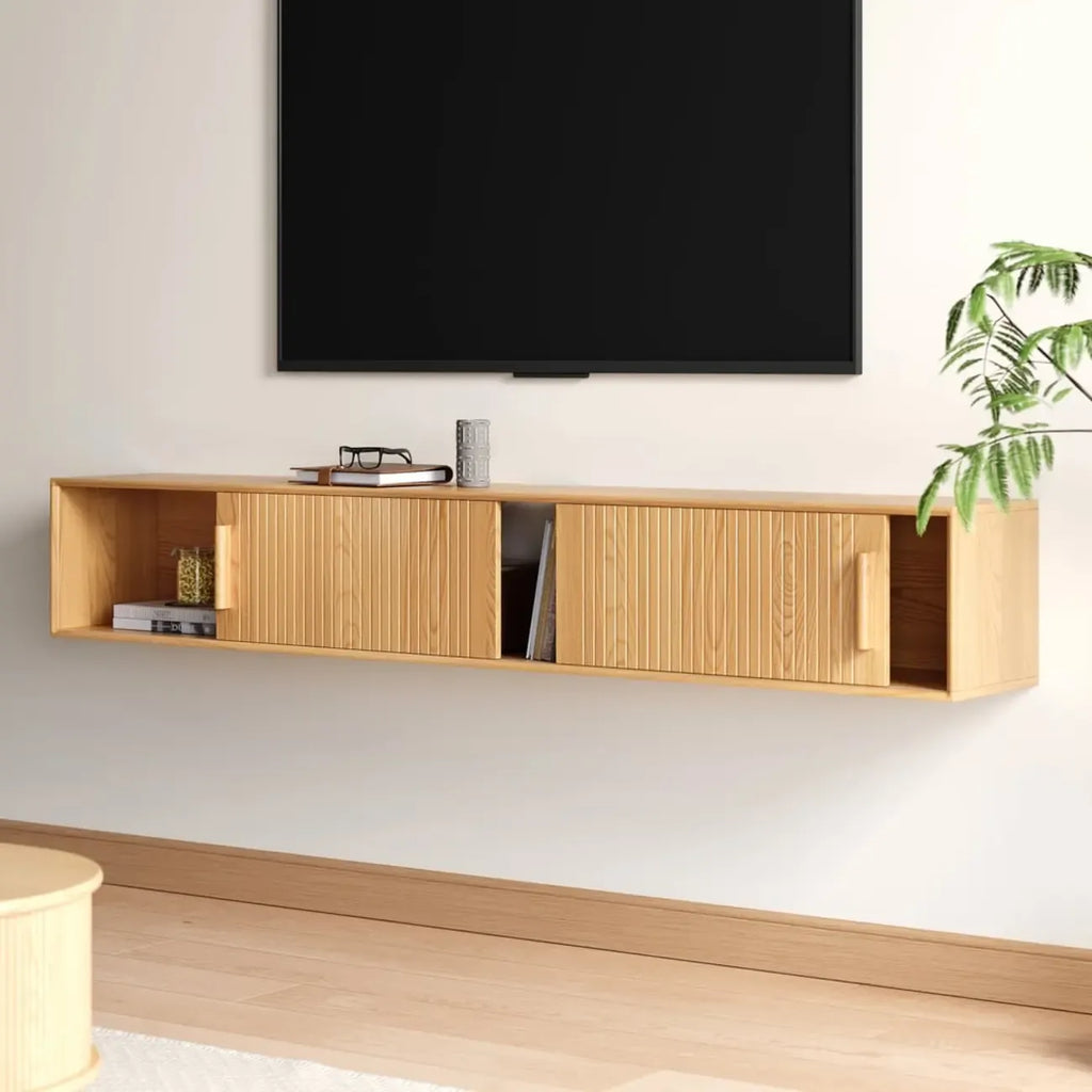 Meuble TV cannelé flottant en bois naturel avec rangement