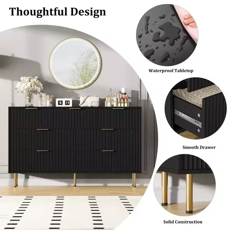 Commode moderne à 7 tiroirs cannelés avec poignées dorées, large commode de rangement en bois pour chambre à coucher, salon, entrée