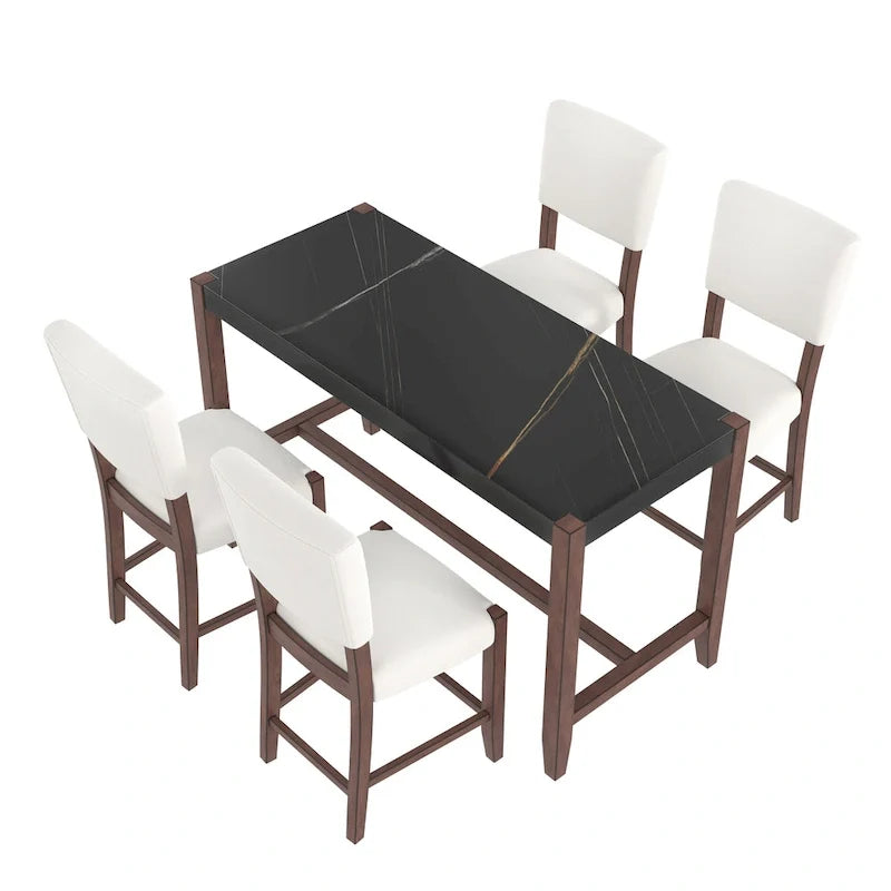 Ensemble de salle à manger 5 pièces à hauteur de comptoir, table de bar en faux marbre et 4 chaises rembourrées