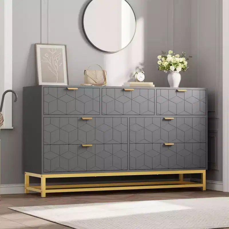 Commode pour chambre à coucher, commode de 136 cm de large avec 7 tiroirs, poignées et pieds en métal doré, commode moderne pour placard, couloir