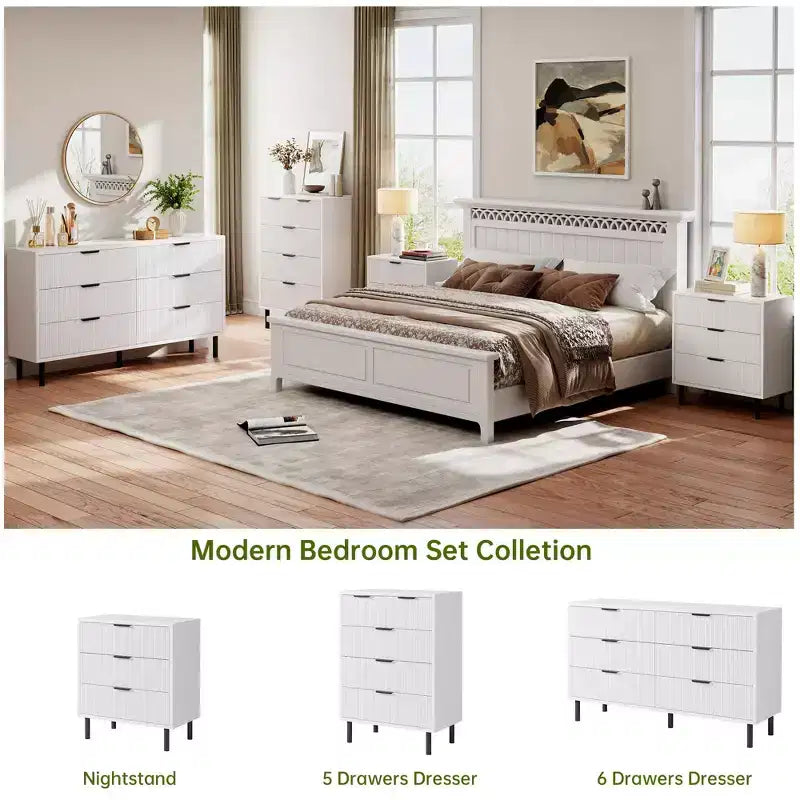 Commode, Meuble à tiroirs – 29,9 po 3 tiroirs cannelés avec pieds en métal et dispositif anti-basculement, rangement blanc pour chambre à coucher, entrée
