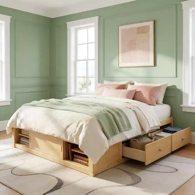 Luxystar Lit plateforme moderne Queen avec 4 tiroirs et rangement intégré au pied de lit