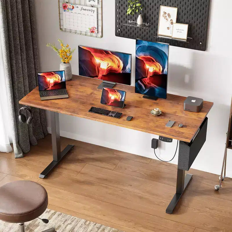 Bureau électrique marron de 140 cm, réglable en hauteur, avec mémorisation des réglages et sac de rangement, pour ordinateur, jeux, maison ou bureau.