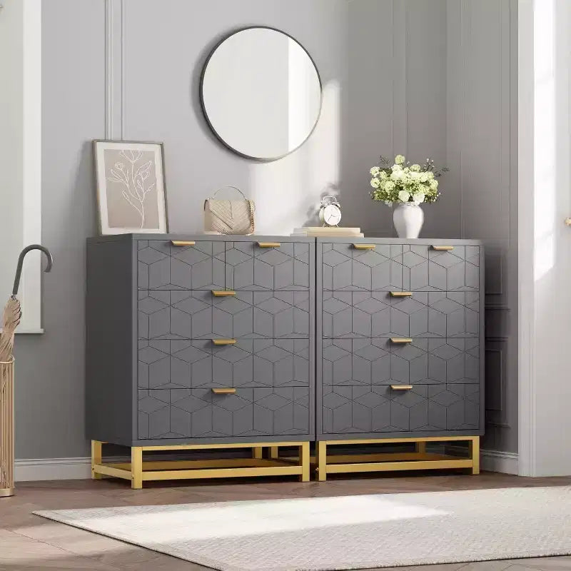 Commode de rangement moderne Acekool à 5 tiroirs avec poignées métalliques pour chambre, salon ou entrée - Blanc avec pieds en métal doré