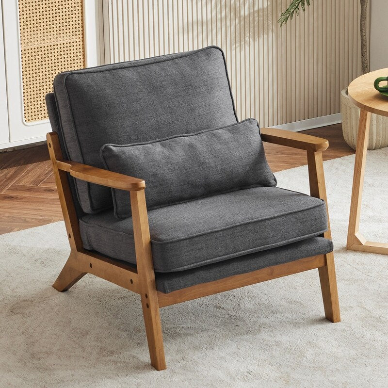 Fauteuil d'appoint rembourré en mélange de lin avec pieds en bois et un oreiller beige