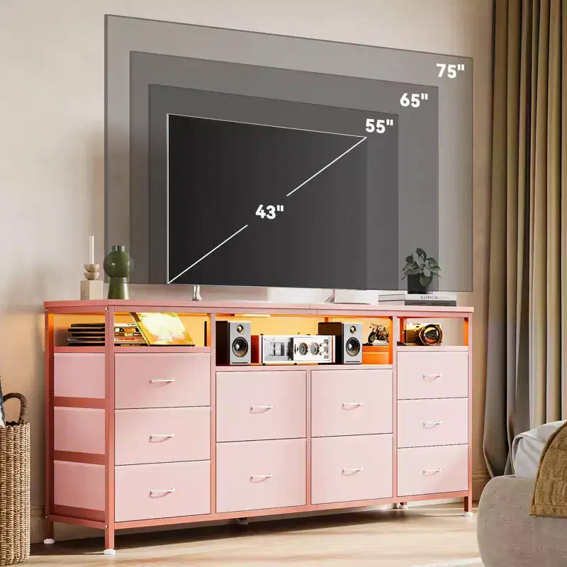 Commode 63,3 pouces pour chambre à coucher, commode TV en tissu à 10 tiroirs avec lumières LED et prises de courant, long meuble TV pour placard