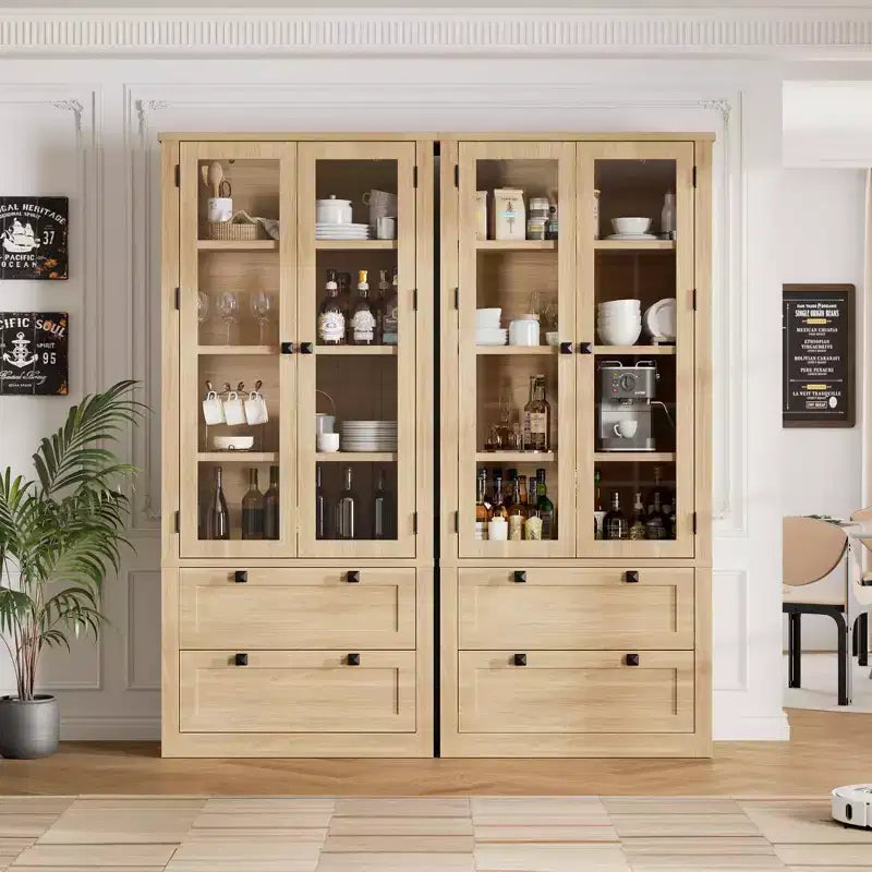 Armoire de cuisine haute de 71 po – Buffet de rangement moderne avec 2 grands tiroirs, portes en verre et étagères réglables, vaisselier de cuisine de style campagnard
