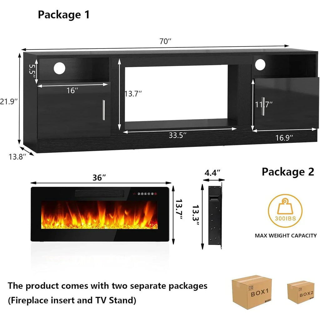Meuble TV cheminée Bossin 70 avec cheminée électrique 36, meuble TV pour téléviseurs jusqu'à 80 pouces, lumières LED 16 couleurs/centre de divertissement