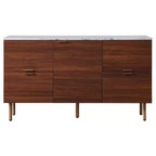 Buffet Ashton avec plateau en faux marbre Noyer – Teamson Home : Rangement Mid-Century, Pieds en laiton, Poignées en métal