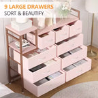 COZONY Commode de rangement à 9 tiroirs de 86,4 cm de haut et meuble TV, Tour de rangement en tissu, Rangement à cadre en acier robuste pour le salon, utilisation dans les petits espaces