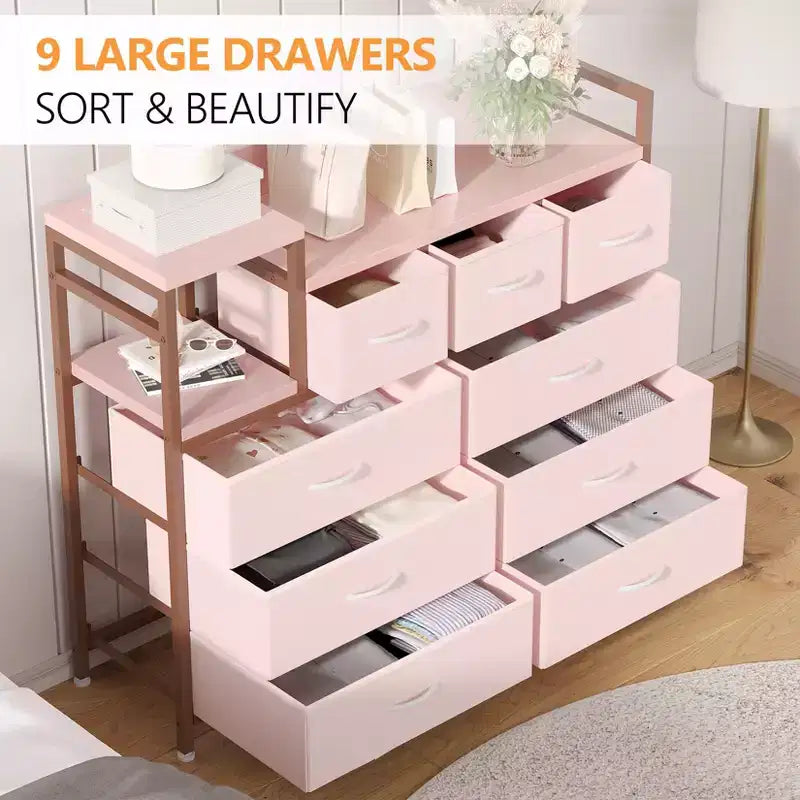 COZONY Commode de rangement à 9 tiroirs de 86,4 cm de haut et meuble TV, Tour de rangement en tissu, Rangement à cadre en acier robuste pour le salon, utilisation dans les petits espaces