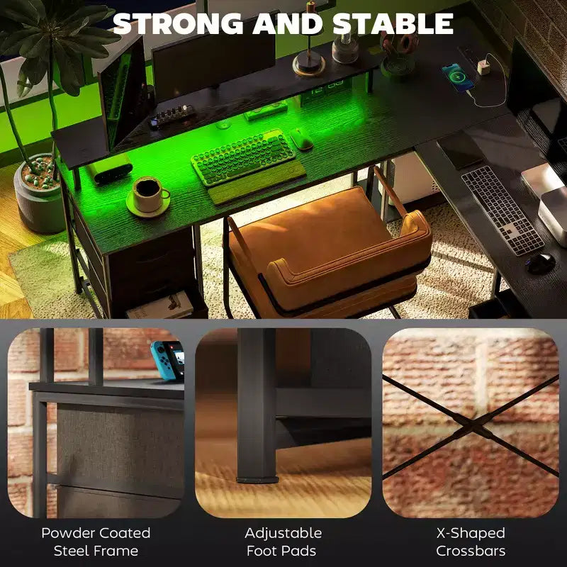HOMCOM Bureau réversible en L de 167 cm avec tiroir-classeur, bureau double de 266 cm avec prise de courant et lumière LED, étagère pour écran et support CPU