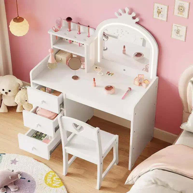 Coiffeuse avec miroir et lumières pour petites filles, ensemble de coiffeuse avec tiroirs et étagères de rangement ouvertes, table de toilette en bois pour chambre à coucher