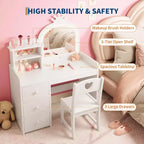 Coiffeuse de princesse en bois blanc avec miroir LED tactile 3 couleurs et chaise, tiroirs de rangement et étagères pour chambre de petites filles