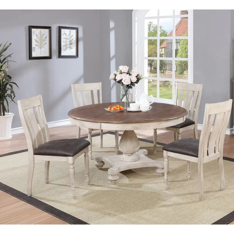 Ensemble de salle à manger Roundhill Furniture Arch en chêne vieilli : table ronde, quatre chaises