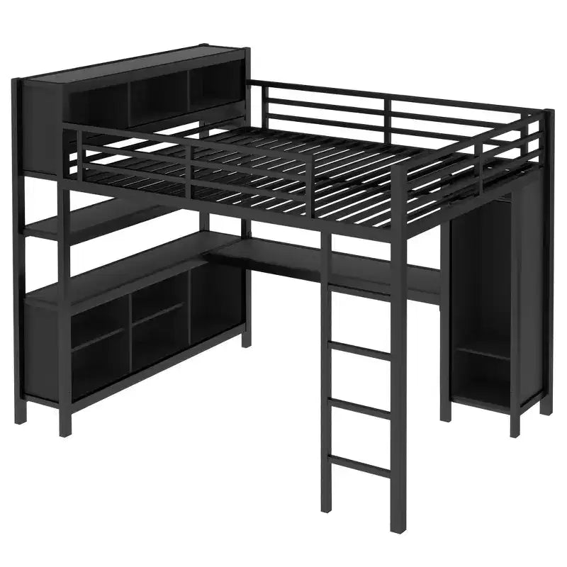 Lit mezzanine en métal double/grand format avec armoire et bureau en L, lit mezzanine robuste avec casiers de rangement et étagères, blanc/noir - ModernLuxe