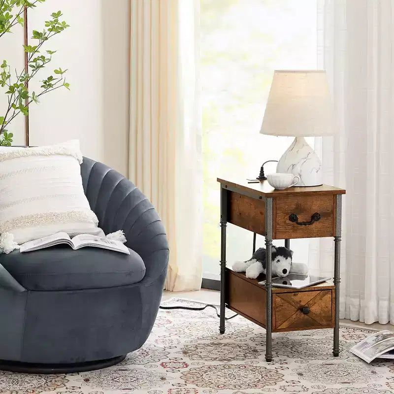 Table de chevet VECELO avec station de charge et tiroir, table d'appoint étroite avec port USB et prises électriques pour salon ou chambre à coucher, marron