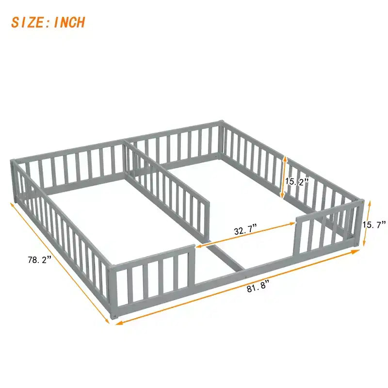 Lit double superposé avec barrière de sécurité, lit plateforme en bois avec clôture pour 2 enfants