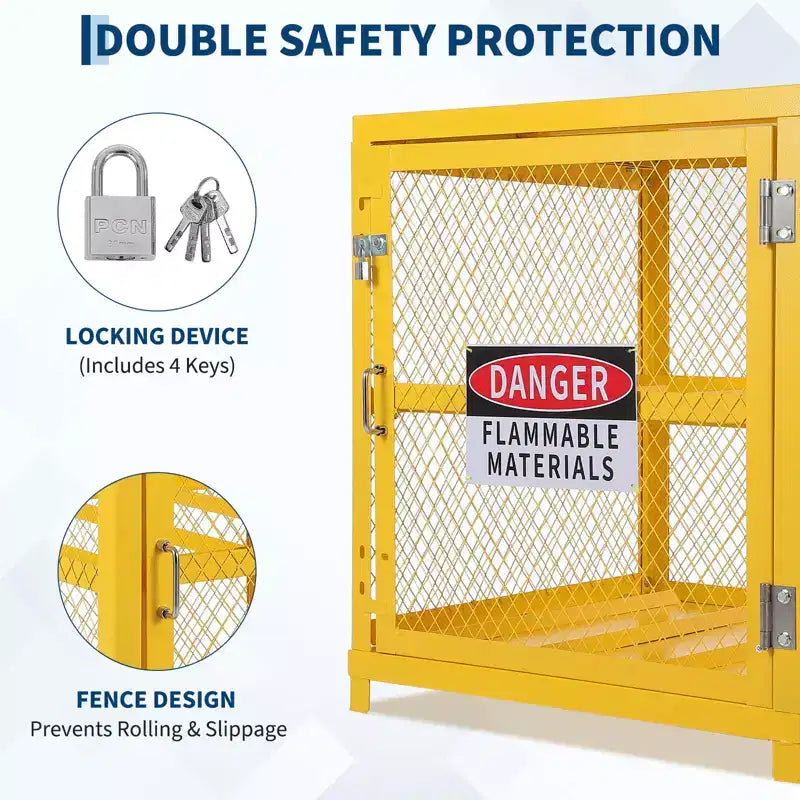 Armoires de rangement de matières dangereuses 31x30x35 pouces, verrouillables, robustes pour 4 bouteilles de propane, conformes à l'OSHA, cage pour réservoir de gaz, garde-corps antidérapants, acier jaune