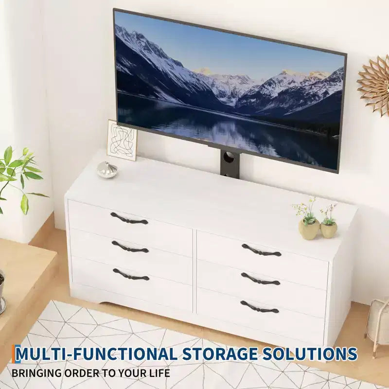 Meuble TV moderne de 63 pouces avec support pour téléviseur de 75 pouces, console multimédia à hauteur réglable avec 6 tiroirs, centre de divertissement robuste en MDF pour salon, chambre à coucher